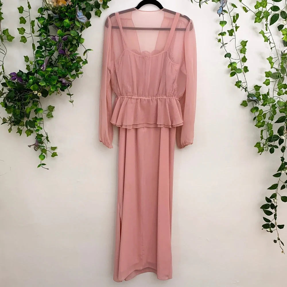 Vintage 70's Pink Maxi Dress Sheer Jacket 2‎ piece set